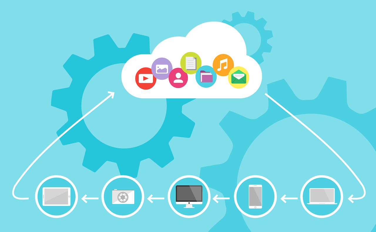 Cloud with colorfull icons on a blue background with cogs